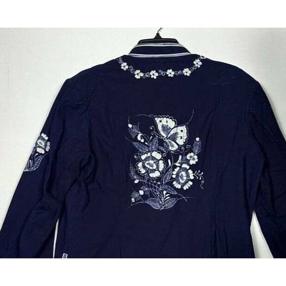 Vintage Artisan Womens XL Blue Shirt Jacket Button Front White Floral Embroidery - Picture 6 of 13